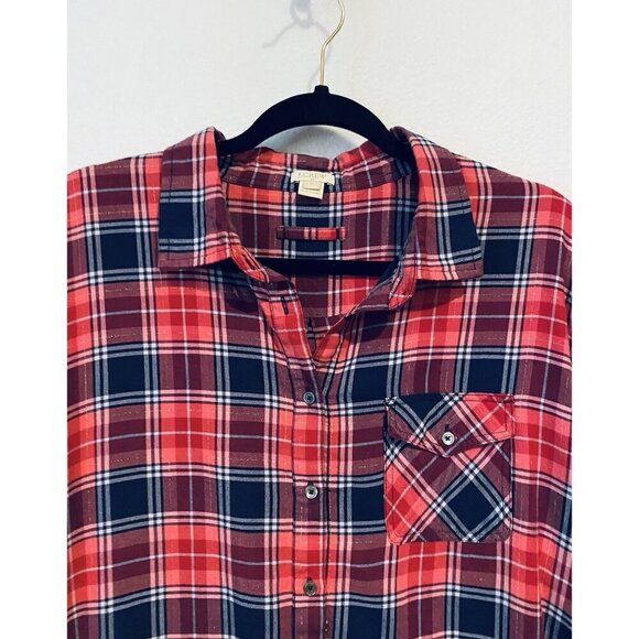 J Crew Top Womens XL Pink Blue Plaid Popover Tunic Metallic Roll Tab Sleeve - Picture 2 of 8
